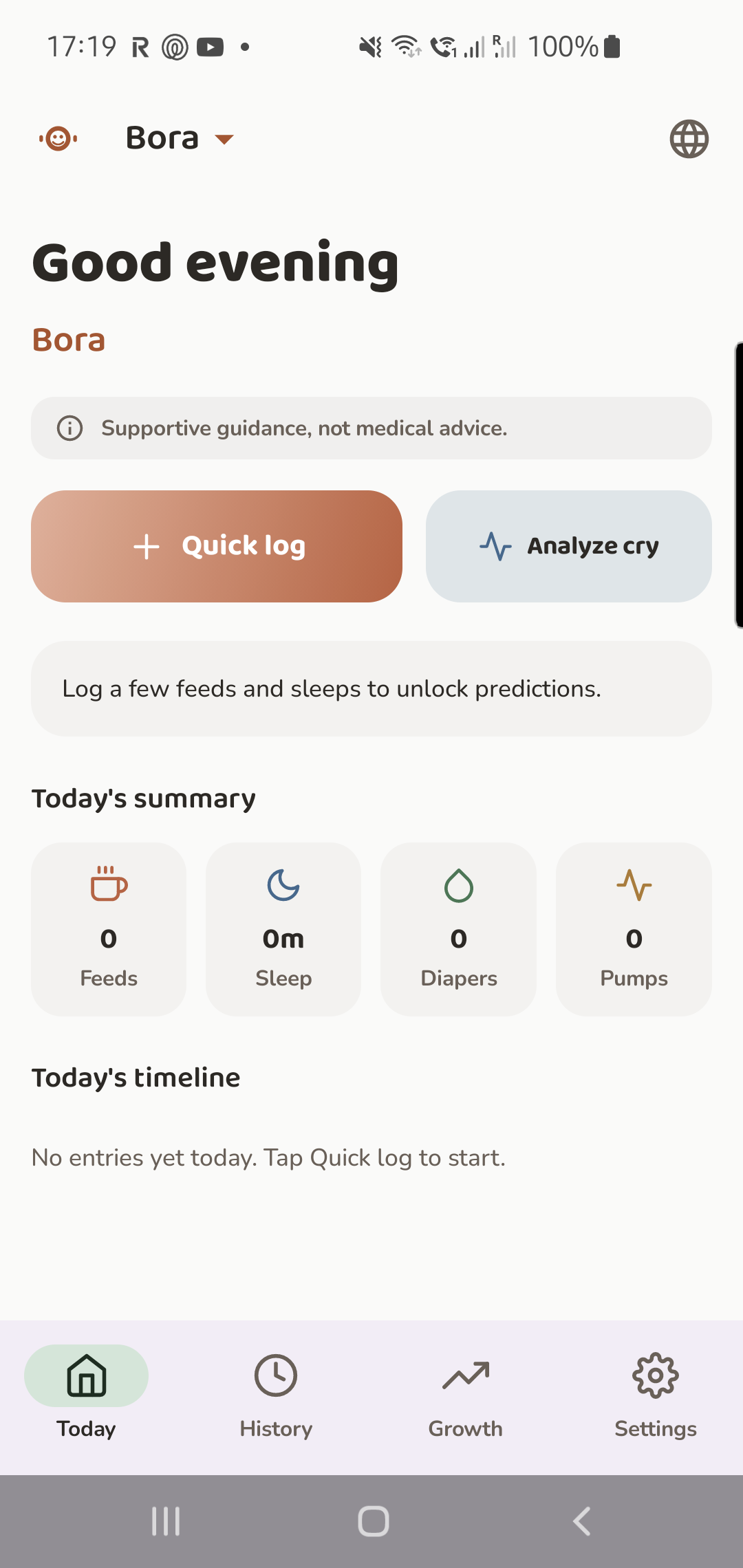 ReadMyBaby dashboard showing the next-feed and sleep-window predictions